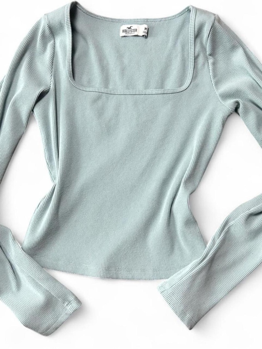 Hollister Ribbed Square-Neck Long Sleeve Top — Light Blue